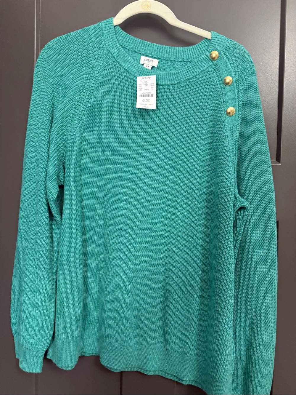 J. Crew Teal Crewneck Sweater with Gold Shoulder Buttons